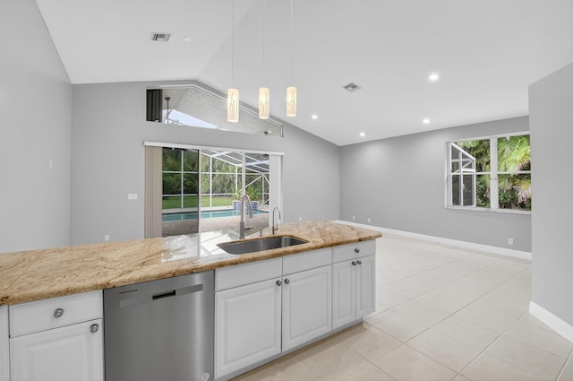 9025 Long Lake Palm Dr, Boca Raton, FL 33496 - kitchen featuring stainless steel dishwasher, a sink, lofted ceiling, white cabinets, and light stone countertops