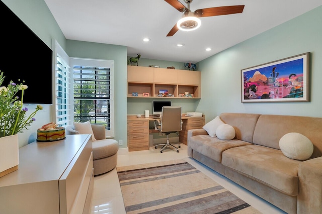 office featuring built in desk, recessed lighting, and a ceiling fan