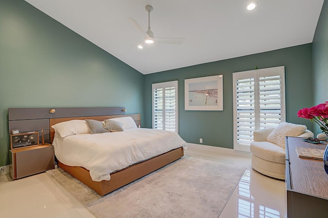 bedroom featuring recessed lighting, lofted ceiling, and ceiling fan
