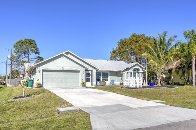 single story home with stucco siding, an attached garage, concrete driveway, and a front lawn