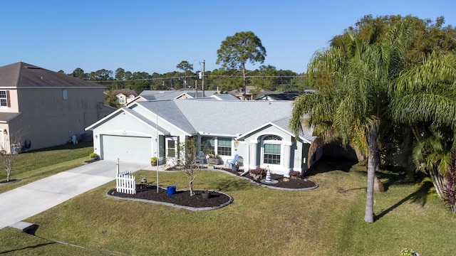 single story home with a front lawn, concrete driveway, a garage, and roof with shingles