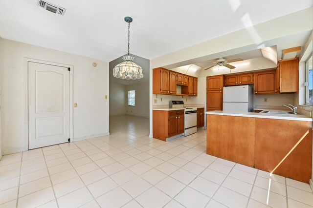 5116 Palm Way, Lake Worth, FL 33463 - kitchen featuring white appliances, ceiling fan, light countertops, and a sink
