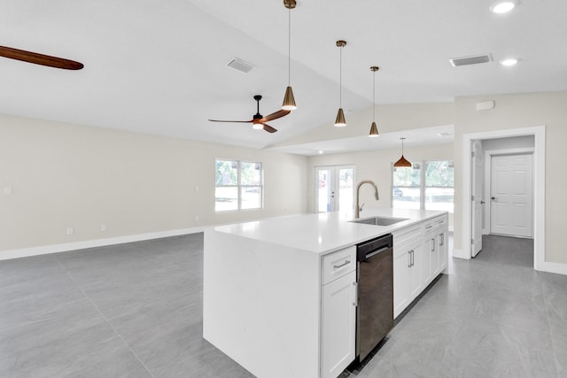 8585 100th Ave, Vero Beach, FL 32967 - kitchen featuring a sink, dishwasher, ceiling fan, healthy amount of natural light, and vaulted ceiling