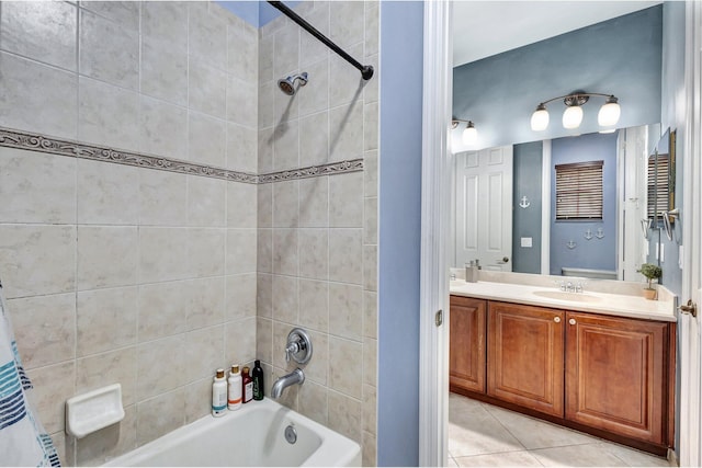 3434 Vanderbilt Dr, Wellington, FL 33414 - full bathroom featuring tile patterned floors, double vanity, shower / bath combo with shower curtain, and a sink