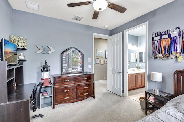 3434 Vanderbilt Dr, Wellington, FL 33414 - bedroom featuring visible vents, light colored carpet, ceiling fan, and ensuite bathroom