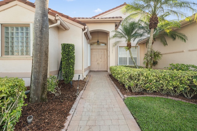 entrance to property with stucco siding