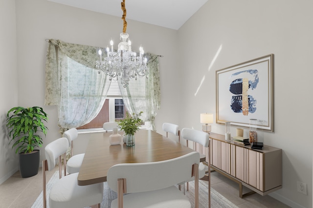 dining area featuring tile patterned floors, baseboards, and an inviting chandelier