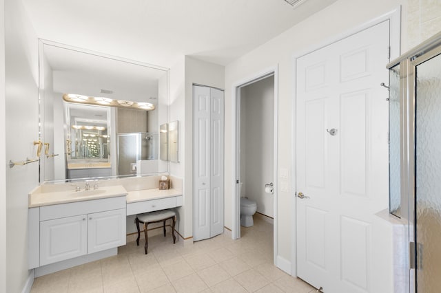 bathroom with toilet, vanity, a stall shower, and a closet