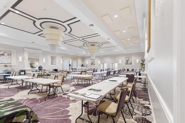 dining space featuring visible vents, recessed lighting, coffered ceiling, and beam ceiling