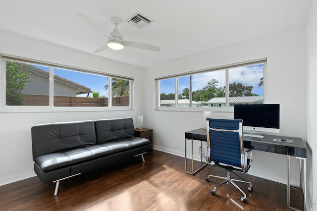 home office with baseboards, wood finished floors, visible vents, and ceiling fan