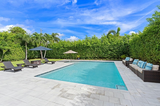 pool with a patio area and an outdoor hangout area