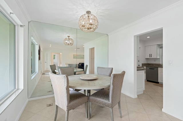 dining area with baseboards, an inviting chandelier, light tile patterned flooring, and crown molding