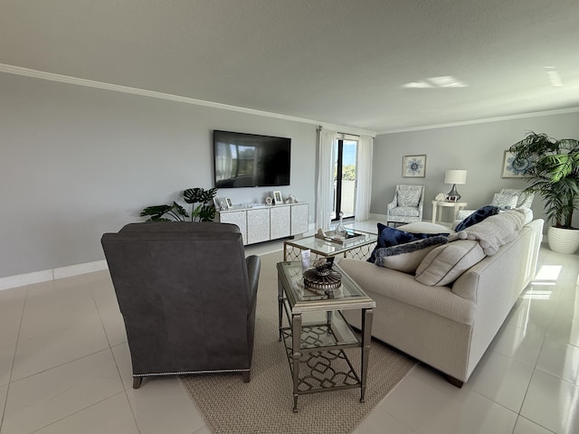 2003 N Ocean Blvd Unit 305N, Boca Raton, FL 33431 - tiled living room featuring crown molding, baseboards, and a textured ceiling