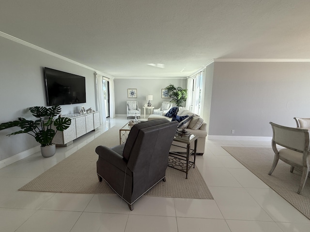 2003 N Ocean Blvd Unit 305N, Boca Raton, FL 33431 - tiled living area with a textured ceiling, baseboards, and ornamental molding