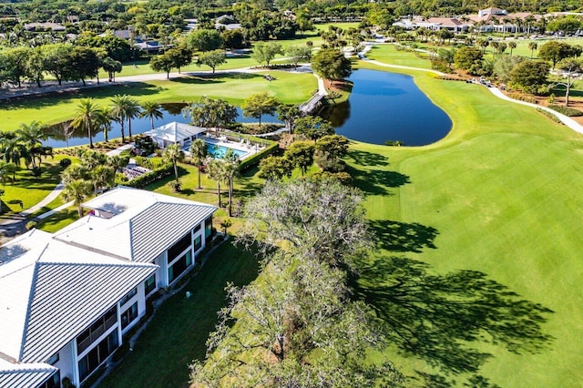 bird's eye view with a water view and golf course view