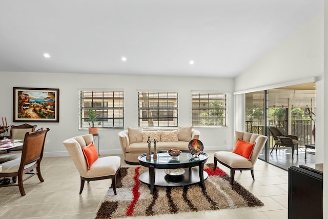 3251 Perimeter Dr, Greenacres, FL 33467 - living room with recessed lighting, baseboards, lofted ceiling, and light tile patterned flooring