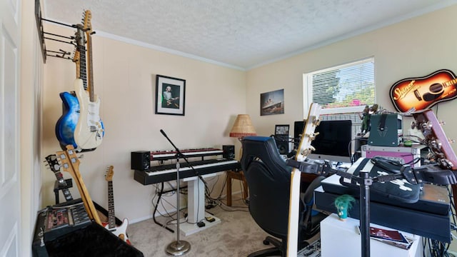 4142 NE Robin Ct, Jensen Beach, FL 34957 - office area featuring carpet, a textured ceiling, and ornamental molding