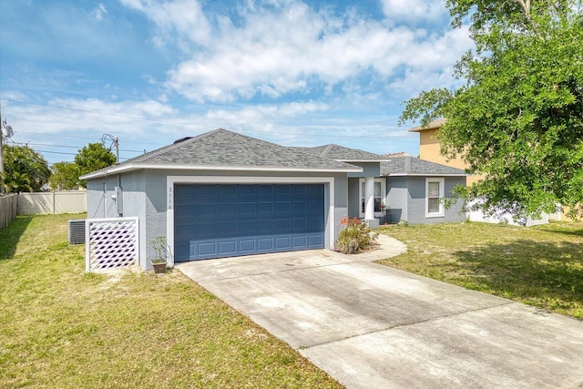 ranch-style home featuring stucco siding, an attached garage, a front yard, and fence