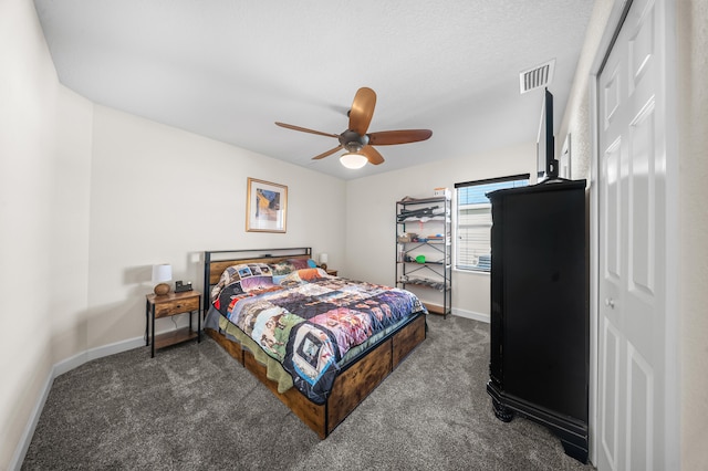 bedroom with a ceiling fan, carpet flooring, baseboards, and visible vents