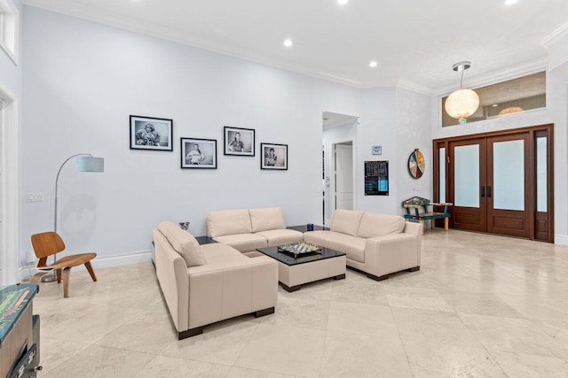 living room with ornamental molding, recessed lighting, french doors, light tile patterned floors, and baseboards