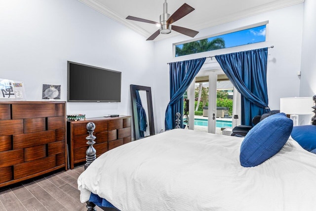 bedroom featuring wood finish floors, access to outside, french doors, crown molding, and ceiling fan