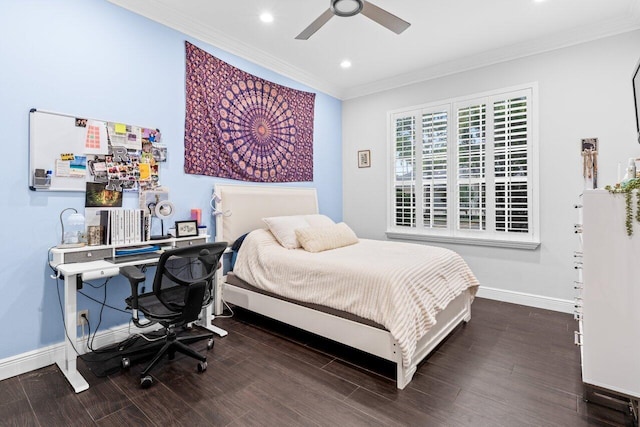 bedroom featuring crown molding, baseboards, recessed lighting, wood finished floors, and a ceiling fan
