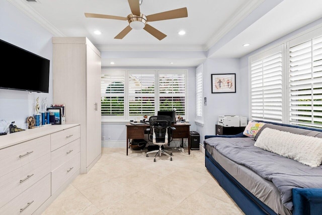 home office featuring baseboards, light tile patterned flooring, recessed lighting, ceiling fan, and ornamental molding