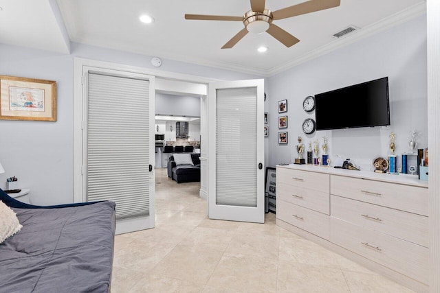 bedroom with visible vents, ornamental molding, a ceiling fan, recessed lighting, and light tile patterned flooring