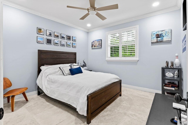 bedroom featuring ceiling fan, crown molding, and baseboards