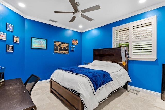 bedroom with visible vents, ornamental molding, recessed lighting, baseboards, and ceiling fan