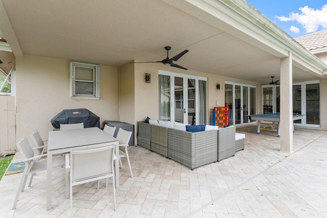 view of patio / terrace featuring an outdoor hangout area, a grill, and ceiling fan