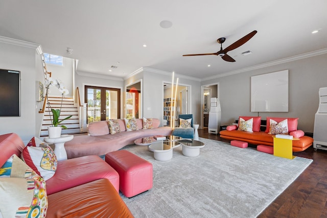 living room with visible vents, ceiling fan, dark wood finished floors, stairway, and recessed lighting