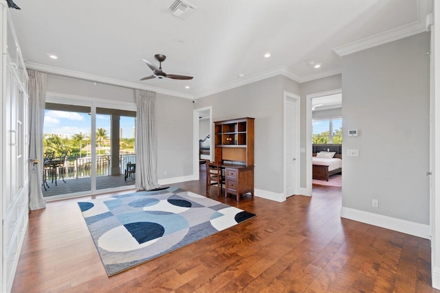 bedroom with access to exterior, hardwood / wood-style flooring, multiple windows, and visible vents