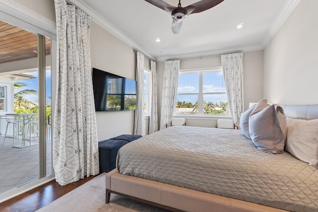 bedroom featuring crown molding, ceiling fan, recessed lighting, wood finished floors, and access to outside