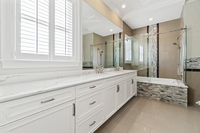 full bath with visible vents, tiled bath, crown molding, tiled shower, and vanity