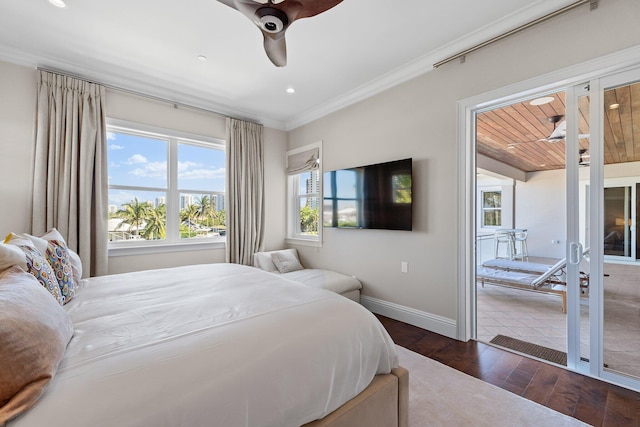 bedroom with baseboards, ornamental molding, recessed lighting, french doors, and wood finished floors