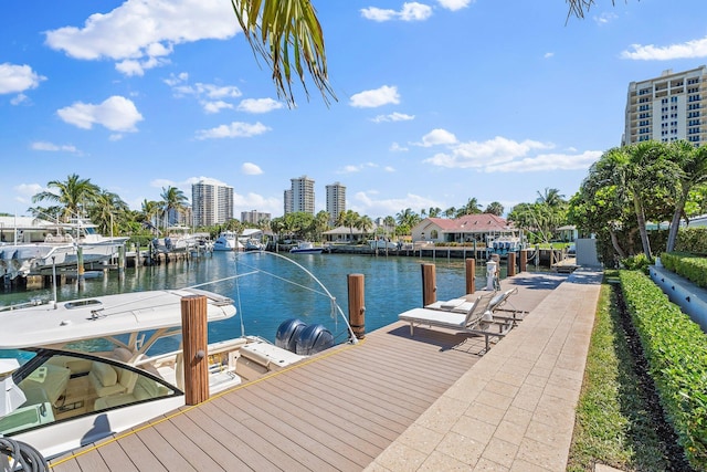 dock area with a water view and a view of city