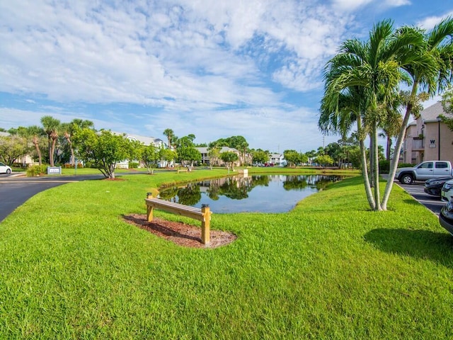 view of community featuring a lawn and a water view