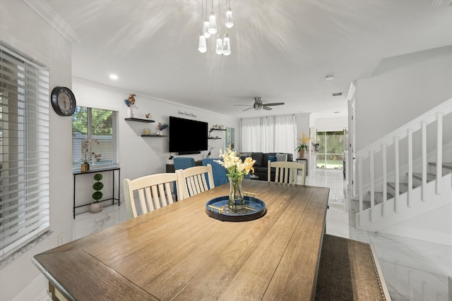 dining area with marble finish floor, ornamental molding, a ceiling fan, recessed lighting, and stairway