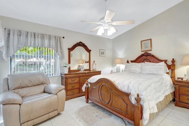 bedroom with light tile patterned floors and ceiling fan