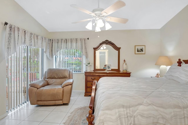 bedroom with access to outside, light tile patterned floors, and ceiling fan