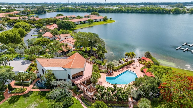 aerial view featuring a water view