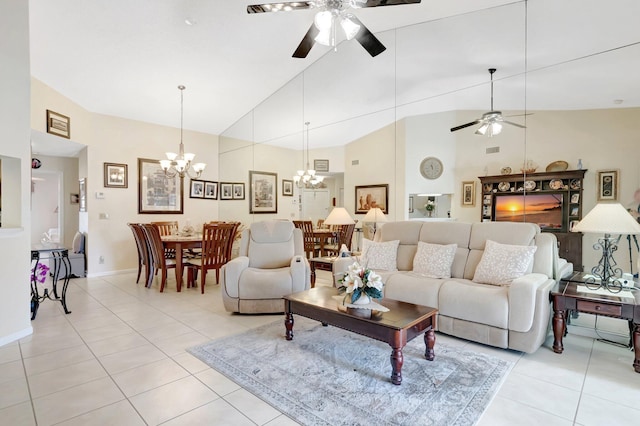 living area featuring visible vents, baseboards, light tile patterned floors, ceiling fan with notable chandelier, and high vaulted ceiling