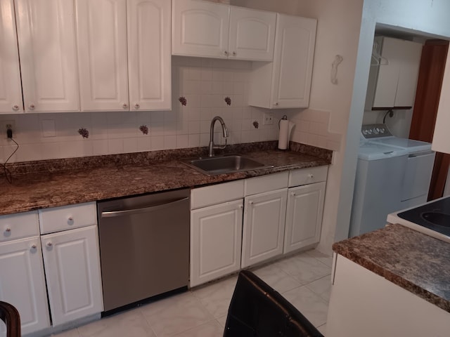 3450 Blue Lake Dr Unit 204, Pompano Beach, FL 33064 - kitchen featuring white cabinets, a sink, stainless steel dishwasher, washer / dryer, and decorative backsplash