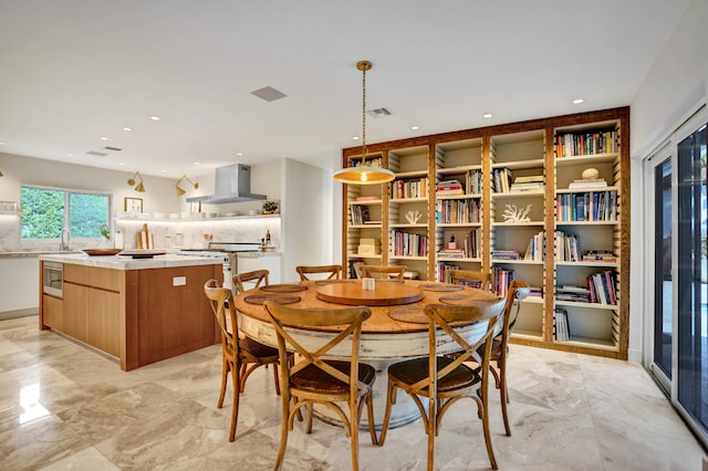 dining area with marble finish floor, recessed lighting, and visible vents