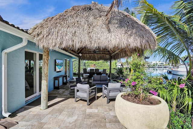 view of patio / terrace with an outdoor hangout area and a gazebo