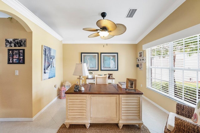 office with crown molding, light tile patterned floors, arched walkways, visible vents, and a ceiling fan