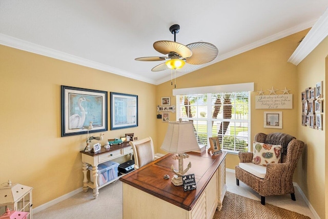 office area with light tile patterned floors, crown molding, and vaulted ceiling