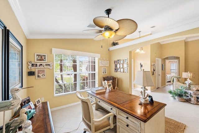 office space featuring light tile patterned flooring, lofted ceiling, a ceiling fan, and crown molding