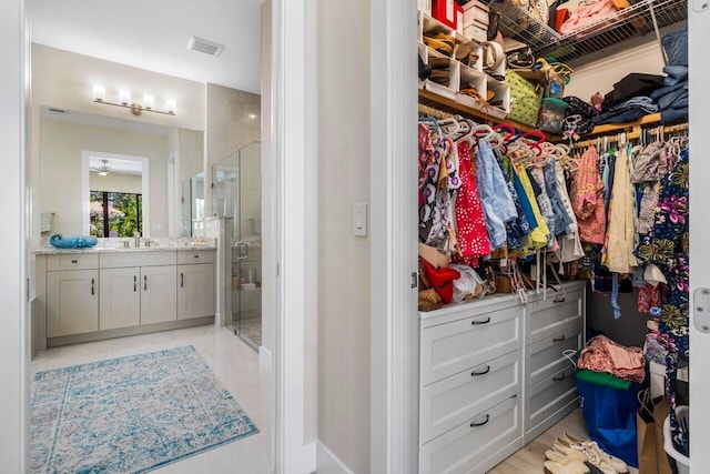 spacious closet with visible vents and a sink